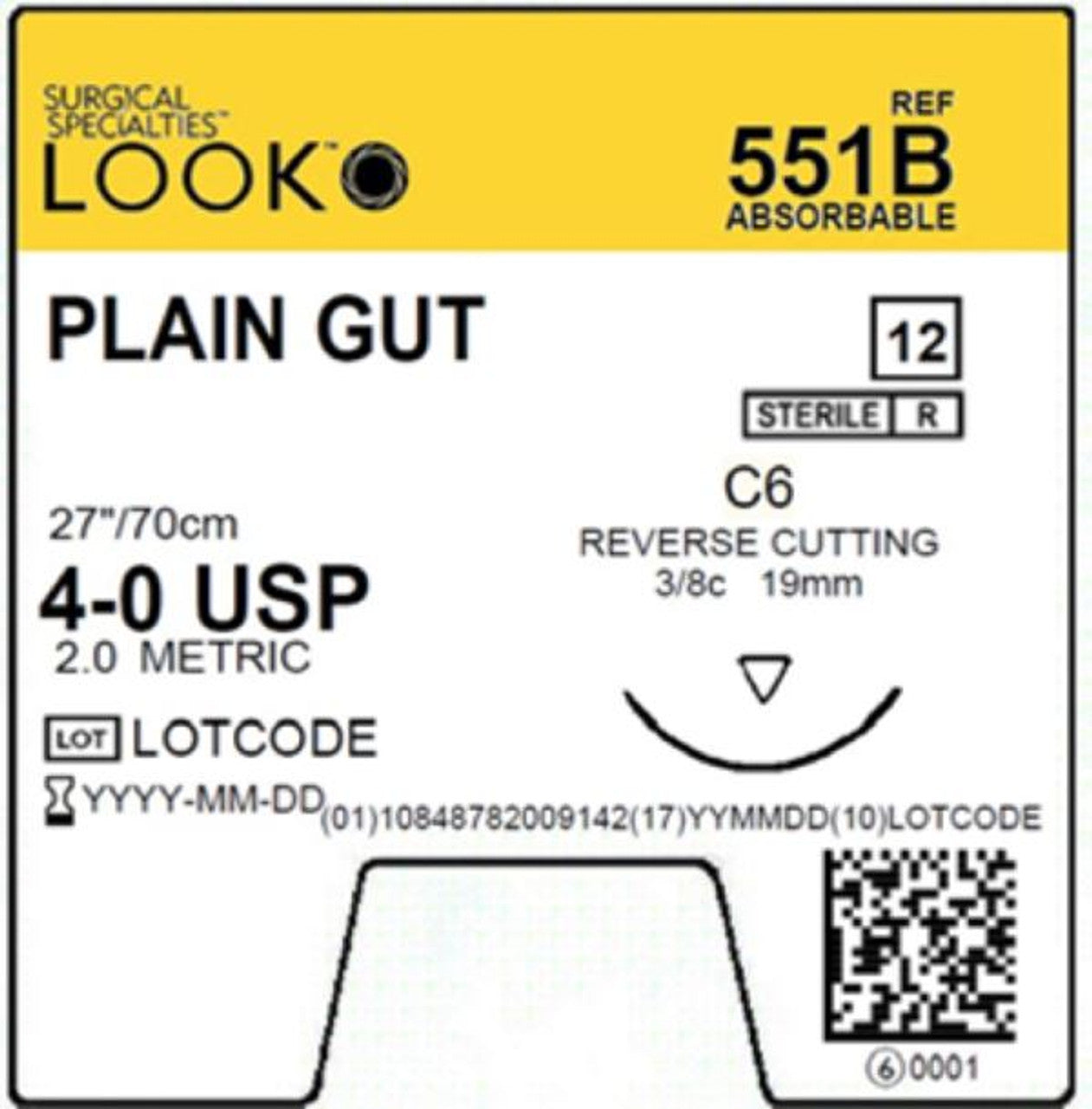 Look Sutures, Plain Gut, 4-0, 27" Length, C6 Needle, 551B, 12/Box