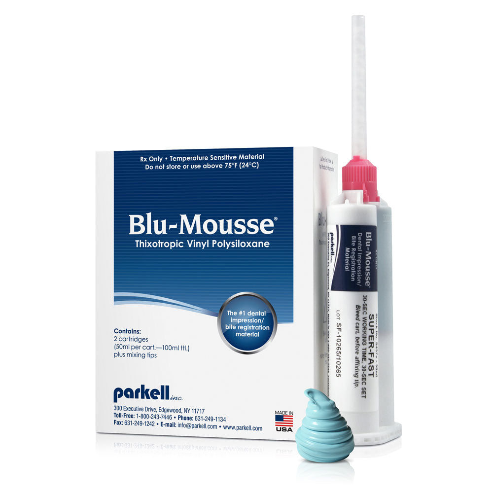 Parkell Blu-Mousse Bite Registration Material Super-Fast (30-second set) Split Cartridges 2x50ml w 6 Mixing Tips